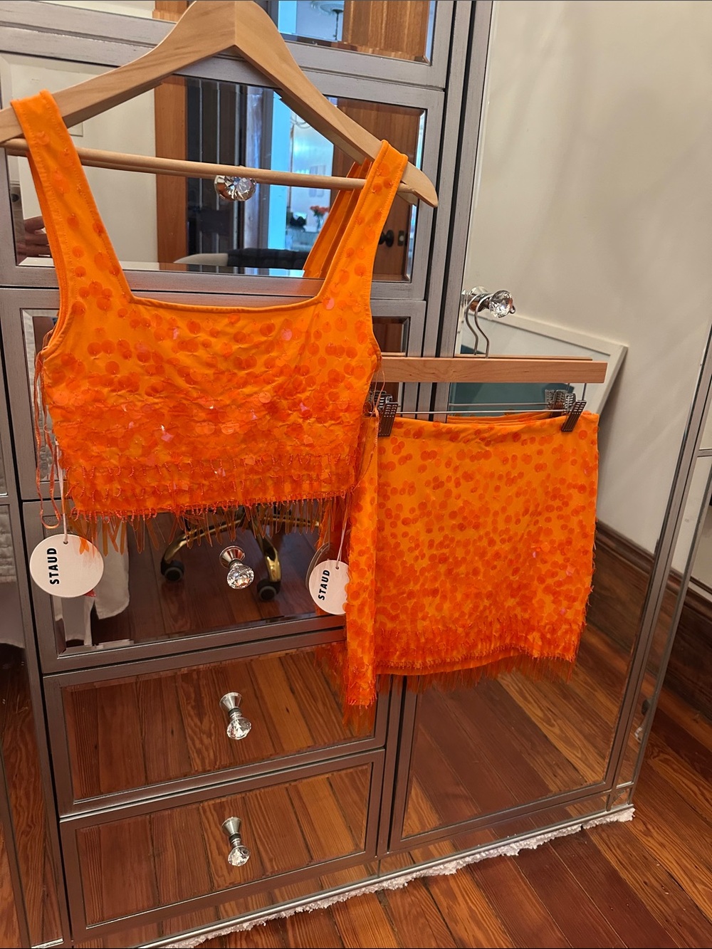 STAUD Orange Sequin Fringe Crop Top and Mini Skirt Set